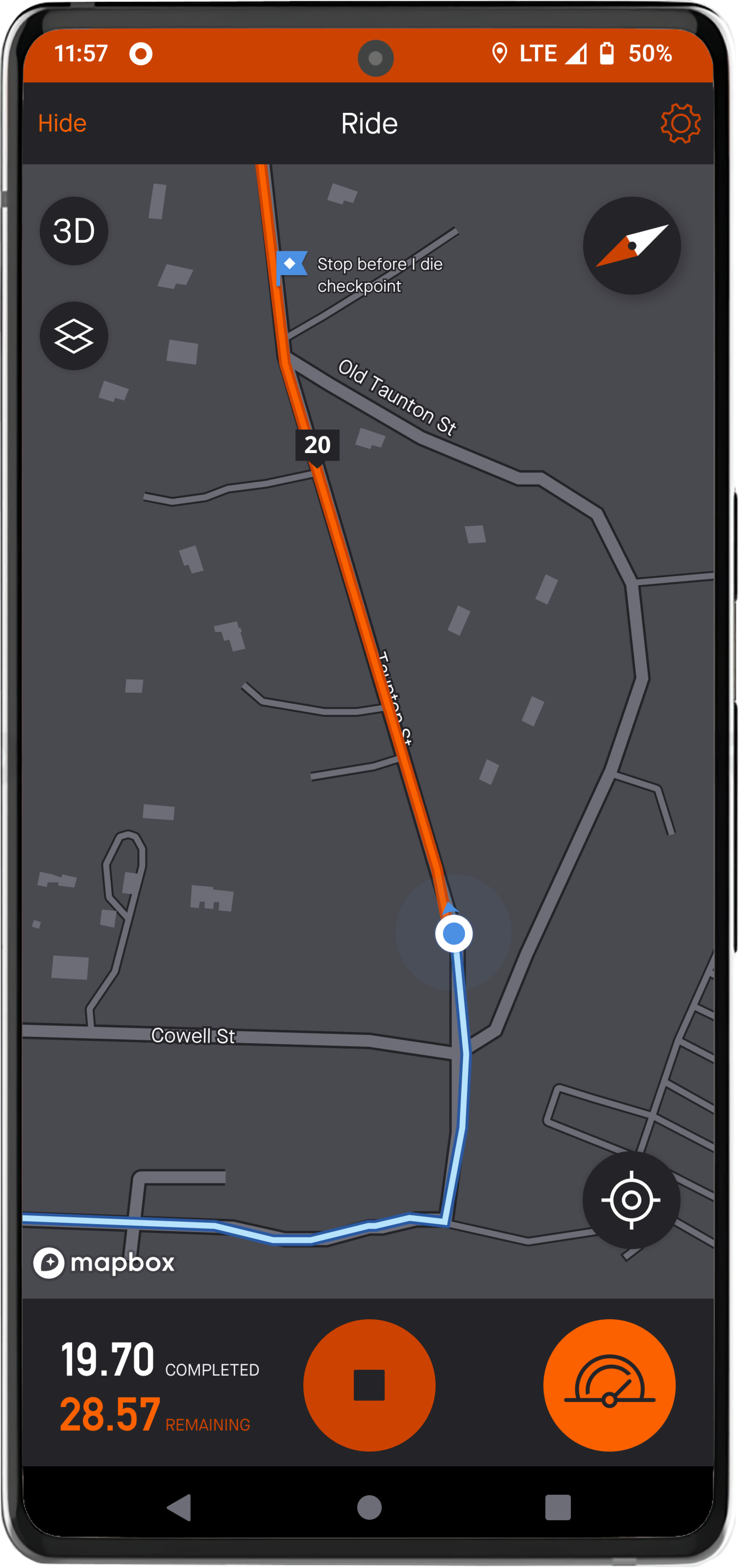 Redesigned map view in dark mode showing distance remaining